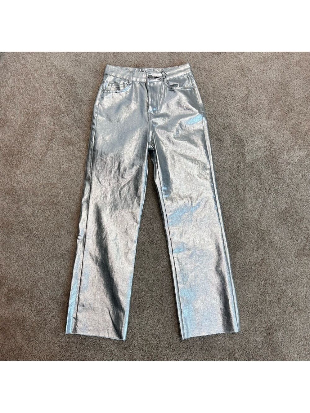 Zara metallic silver liquid foil straight cut high rise denim jeans Sz 2
